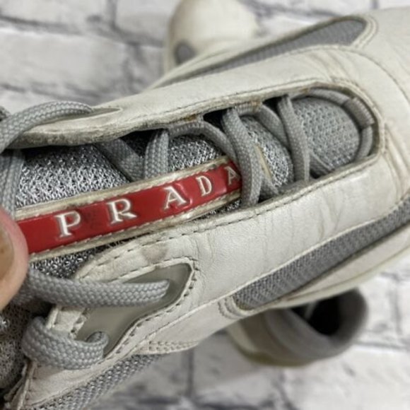 PRADA AMERICAS CUP SNEAKERS SHOES PS0906 WHITE LEATHER/ SILVER - SIZE 9 - Picture 7 of 12